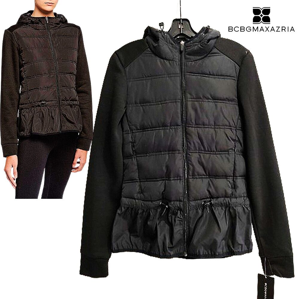 BCBGMAXAZRIA Black Puffer Jacket Peplum Hem Hooded Zip Pockets NWT
